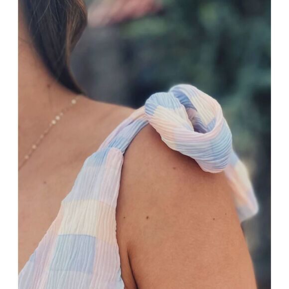 Meet Me in Santorini Pastel Check Dress Tie Straps Lined Mini Cottagecore  Sz S - Picture 8 of 10